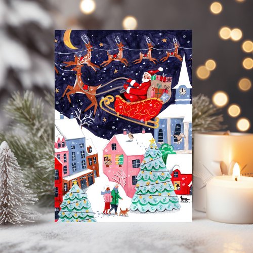 Cute Vintage Santa Christmas Nordic Village Holiday Card