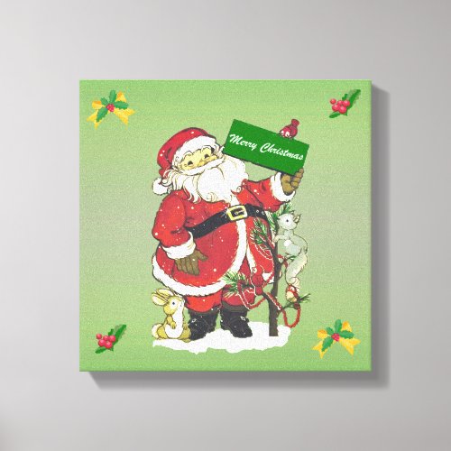 Cute Vintage Santa Claus Animals Merry Christmas Canvas Print