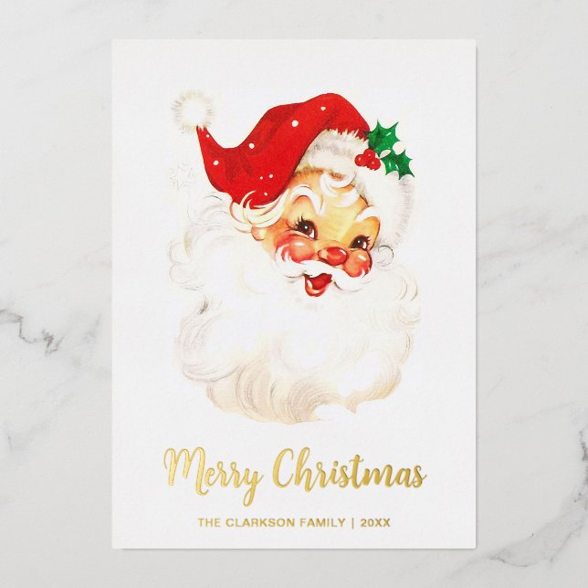 Cute Vintage Santa Claus Christmas Foil Holiday Card (Front)