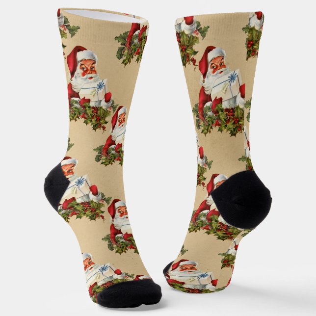 Cute vintage Santa Claus pattern Socks (Angled)