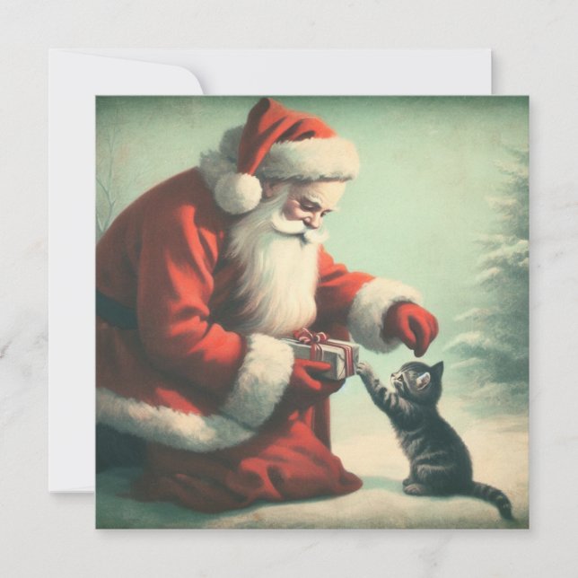 Cute Vintage Santa Claus with Kitten  Card (Front)