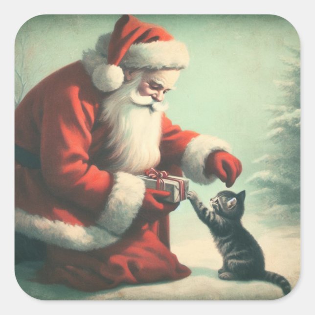 Cute Vintage Santa Claus with Kitten  Square Sticker (Front)