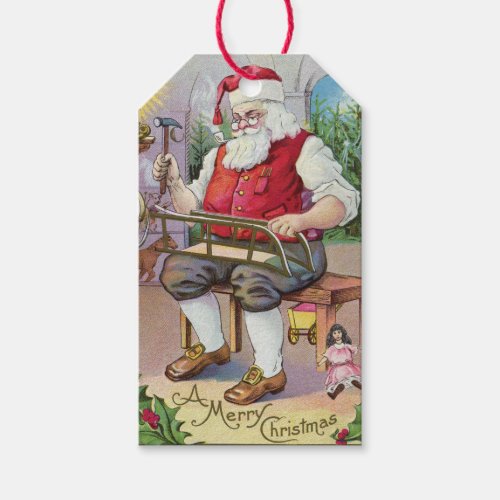 Cute Vintage Santa Making a Sled Gift Tag