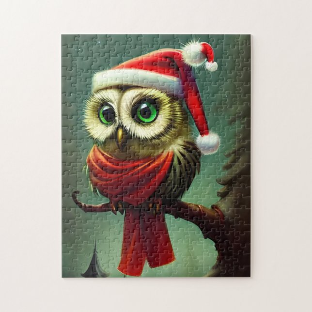 Cute Vintage Santa Owl Christmas Holiday Jigsaw Puzzle (Vertical)