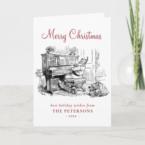 Cute Vintage Santa with Piano and Kids Card