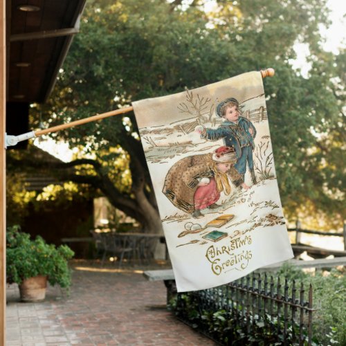 Cute Vintage Schoolchildren Playing in Snow House Flag