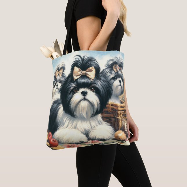Cute Vintage Shih-Tzu Painting Tote Bag (Close Up)