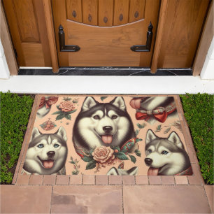 Cute Vintage Siberian Husky Illustration Doormat