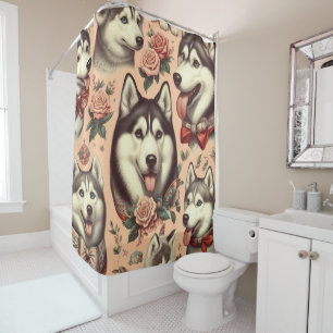 Cute Vintage Siberian Husky Illustration Shower Curtain