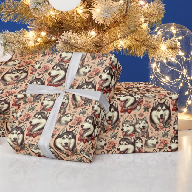 Cute Vintage Siberian Husky Illustration Wrapping Paper (Holidays)