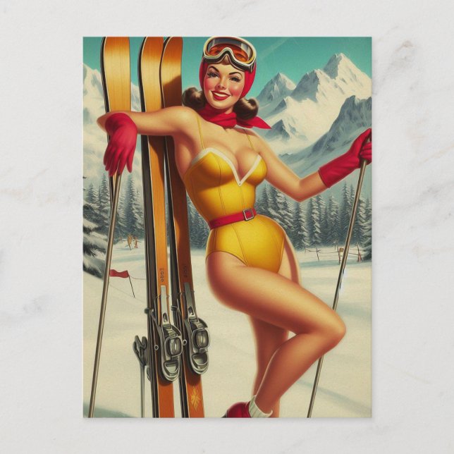 Cute Vintage Ski Pin Up Postcard (Front)