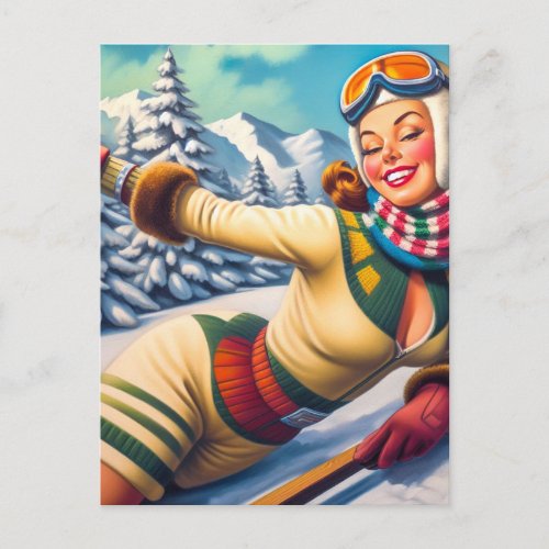 Cute Vintage Ski Pin_Up Postcard