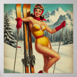 Cute Vintage Ski Pin Up Poster