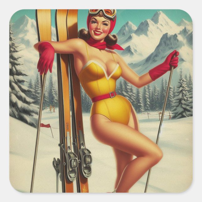 Cute Vintage Ski Pin Up Square Sticker (Front)