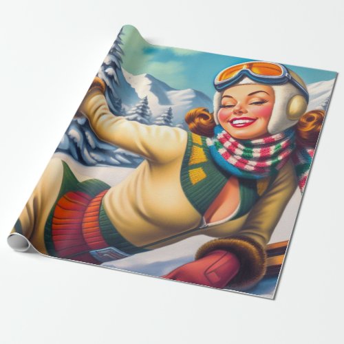 Cute Vintage Ski Pin_Up Wrapping Paper