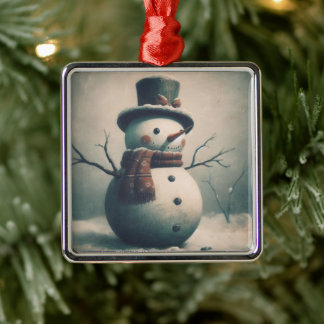 Cute Vintage Snowman for Snowy Christmas Metal Ornament
