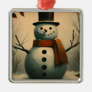 Cute Vintage Snowman for Snowy Christmas Metal Ornament