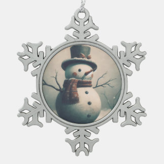 Cute Vintage Snowman for Snowy Christmas Snowflake Pewter Christmas Ornament
