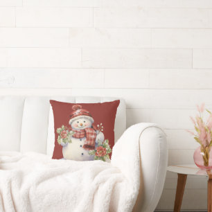 Cute Vintage Snowman Watercolor Holiday Throw Pillow