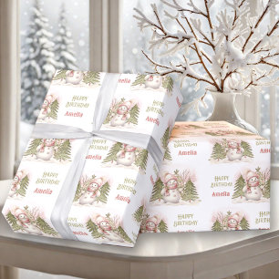 Cute Vintage Snowman Winter Girl Name Text Wrapping Paper
