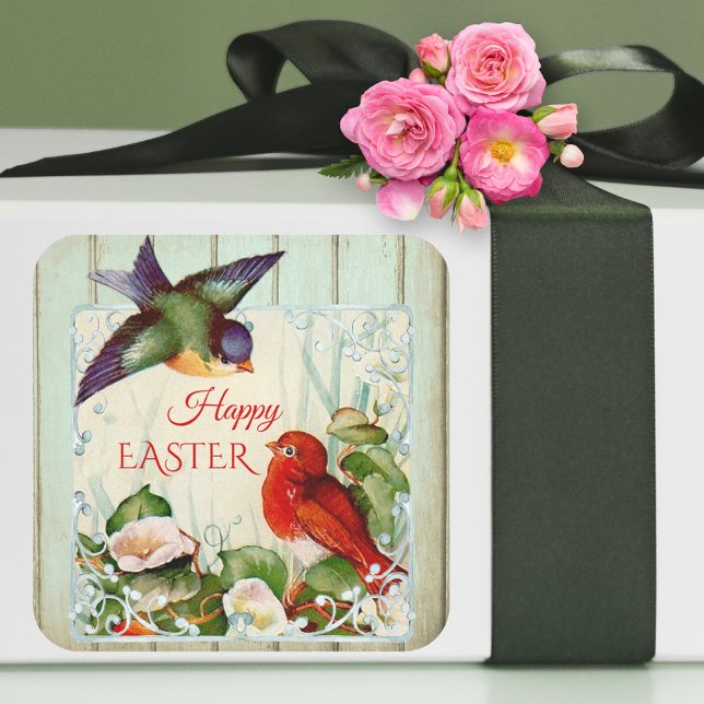 Cute Vintage Spring Birds Floral Easter Sticker (Happy Easter sticker featuring a vintage design with cute colorful birds and elegant flowers)