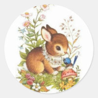 Cute Vintage Spring Easter Bunny In Flowers Classic Round Sticker