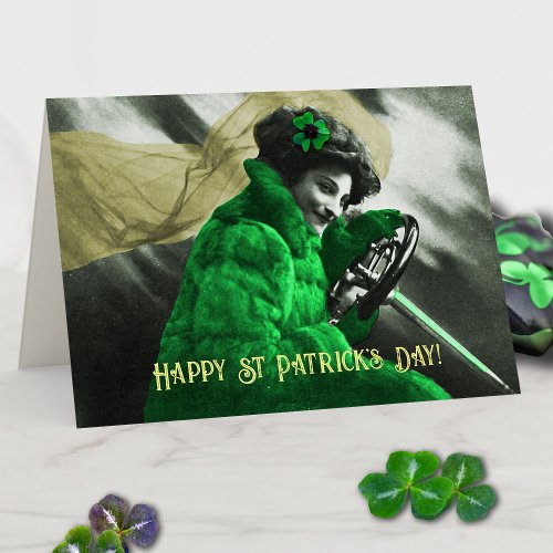 Cute Vintage St Patricks Day Green Girl in Car Card