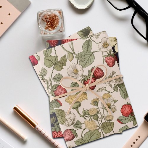 Cute Vintage Strawberry and Flowers Design Wrapping Paper Sheets