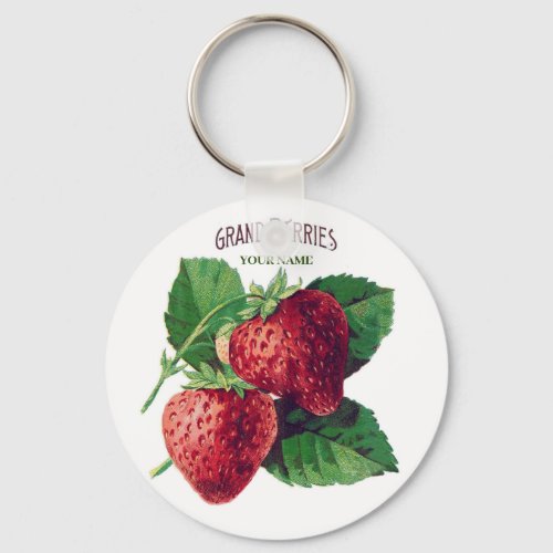 Cute Vintage Strawberry Berry Fruit Add Your Name Keychain