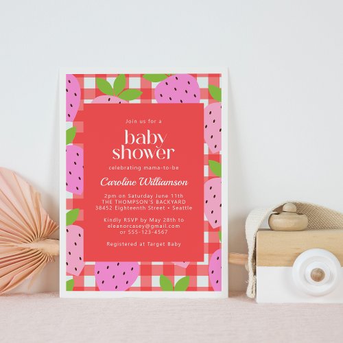 Cute Vintage Strawberry Plaid Baby Shower Invitation