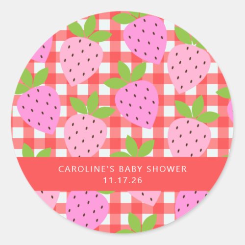 Cute Vintage Strawberry Plaid Custom Baby Shower Classic Round Sticker