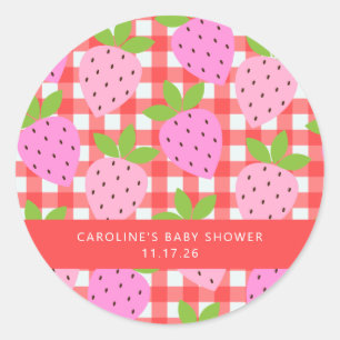 Cute Vintage Strawberry Plaid Custom Baby Shower Classic Round Sticker