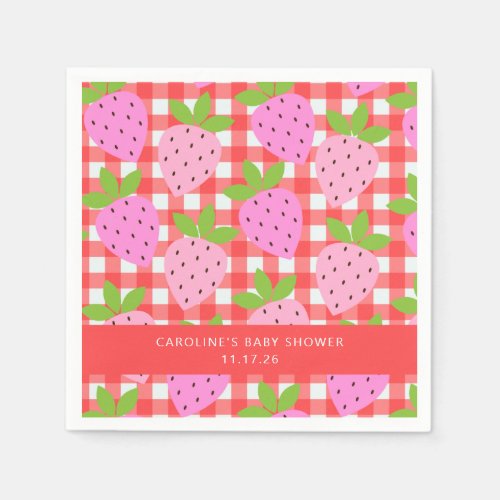 Cute Vintage Strawberry Plaid Custom Baby Shower  Napkins