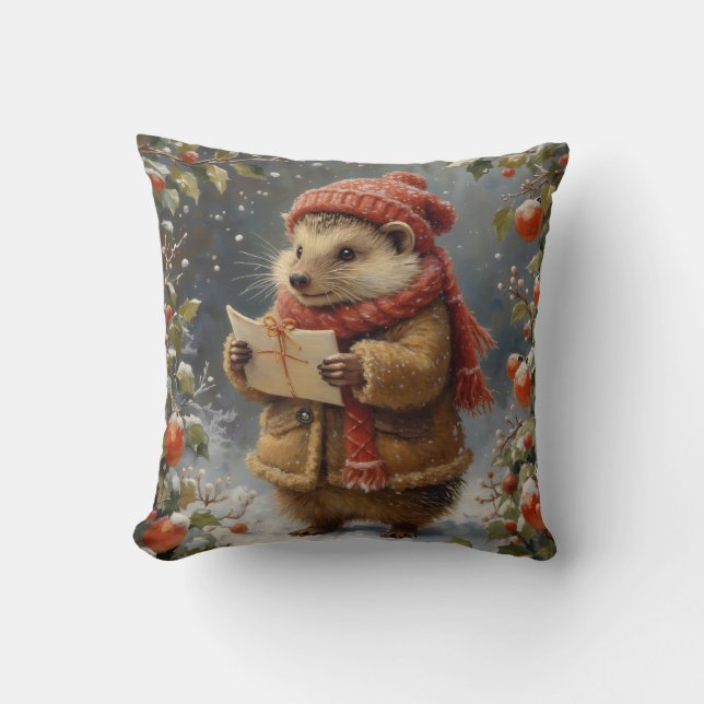 Cute vintage-style christmas hedgehog throw pillow (Front)
