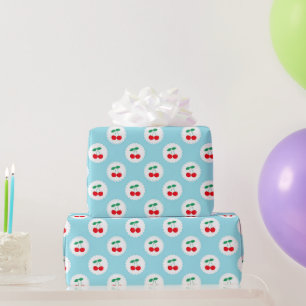 Cute Vintage Summer Blue, White & Red Cherries Wrapping Paper