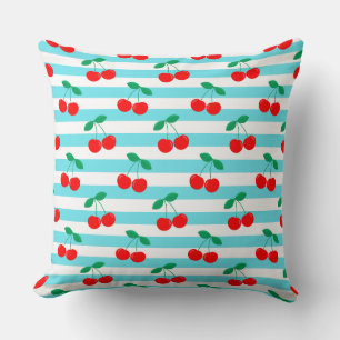 Cute Vintage Summer Cherries and Stripes Throw Pillow