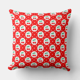 Cute Vintage Summer Cherries on Bright Red Throw Pillow