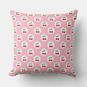 Cute Vintage Summer Pink, White & Red Cherries Throw Pillow