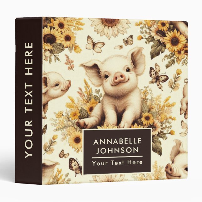 Cute Vintage Sunflower Pig Pattern 3 Ring Binder (Front/Spine)