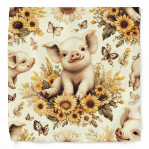 Cute Vintage Sunflower Pig Pattern Bandana