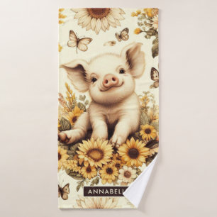 Cute Vintage Sunflower Pig Pattern Bath Towel