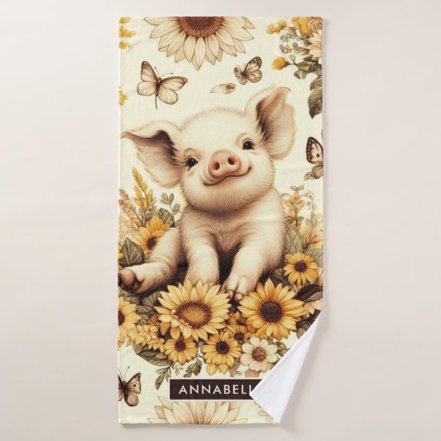 Cute Vintage Sunflower Pig Pattern Bath Towel (Bath Towel)