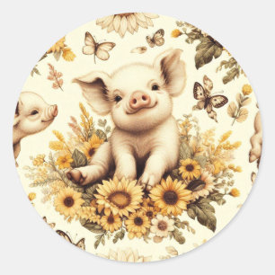Cute Vintage Sunflower Pig Pattern Classic Round Sticker