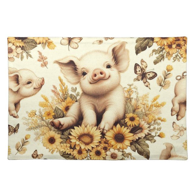 Cute Vintage Sunflower Pig Pattern Cloth Placemat (Front)