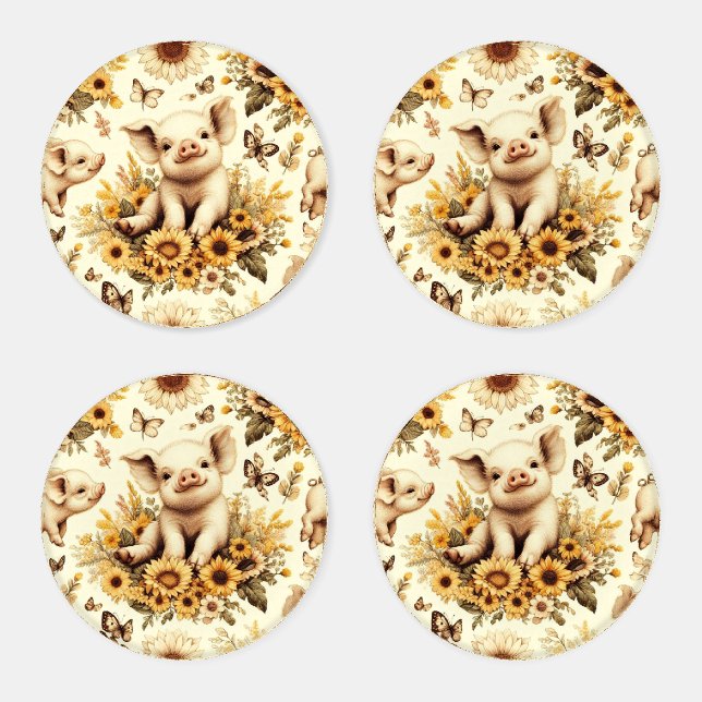 Cute Vintage Sunflower Pig Pattern Coaster Set (Set)