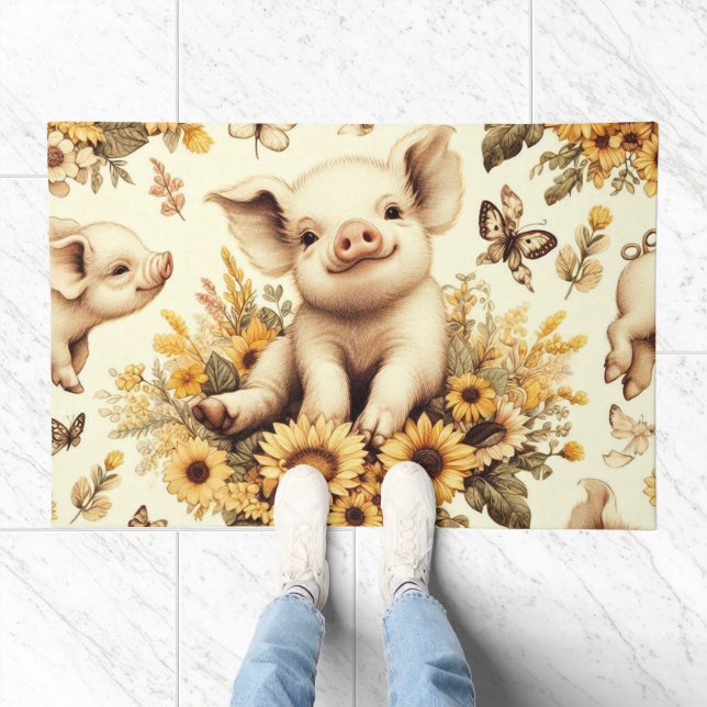Cute Vintage Sunflower Pig Pattern Doormat (Indoor)