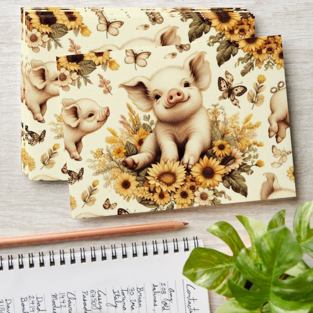 Cute Vintage Sunflower Pig Pattern Envelope (Stacked)