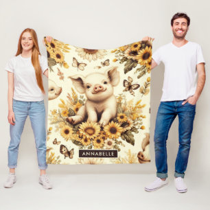 Cute Vintage Sunflower Pig Pattern Fleece Blanket