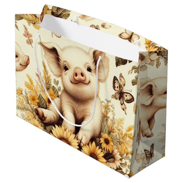 Cute Vintage Sunflower Pig Pattern Large Gift Bag (Back Angled)