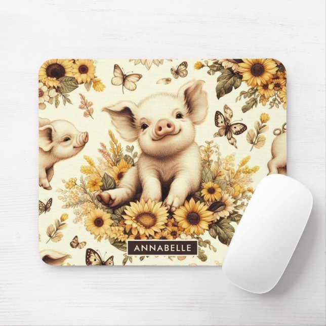 Cute Vintage Sunflower Pig Pattern Mouse Pad (With Mouse)